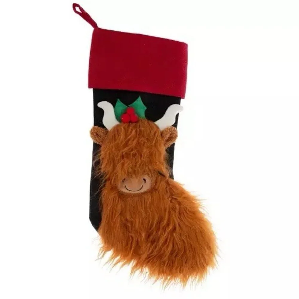 Highland Cow Merry Christmas 4pc Bundle (Stocking, Flag, 2 Tree Ornaments) New